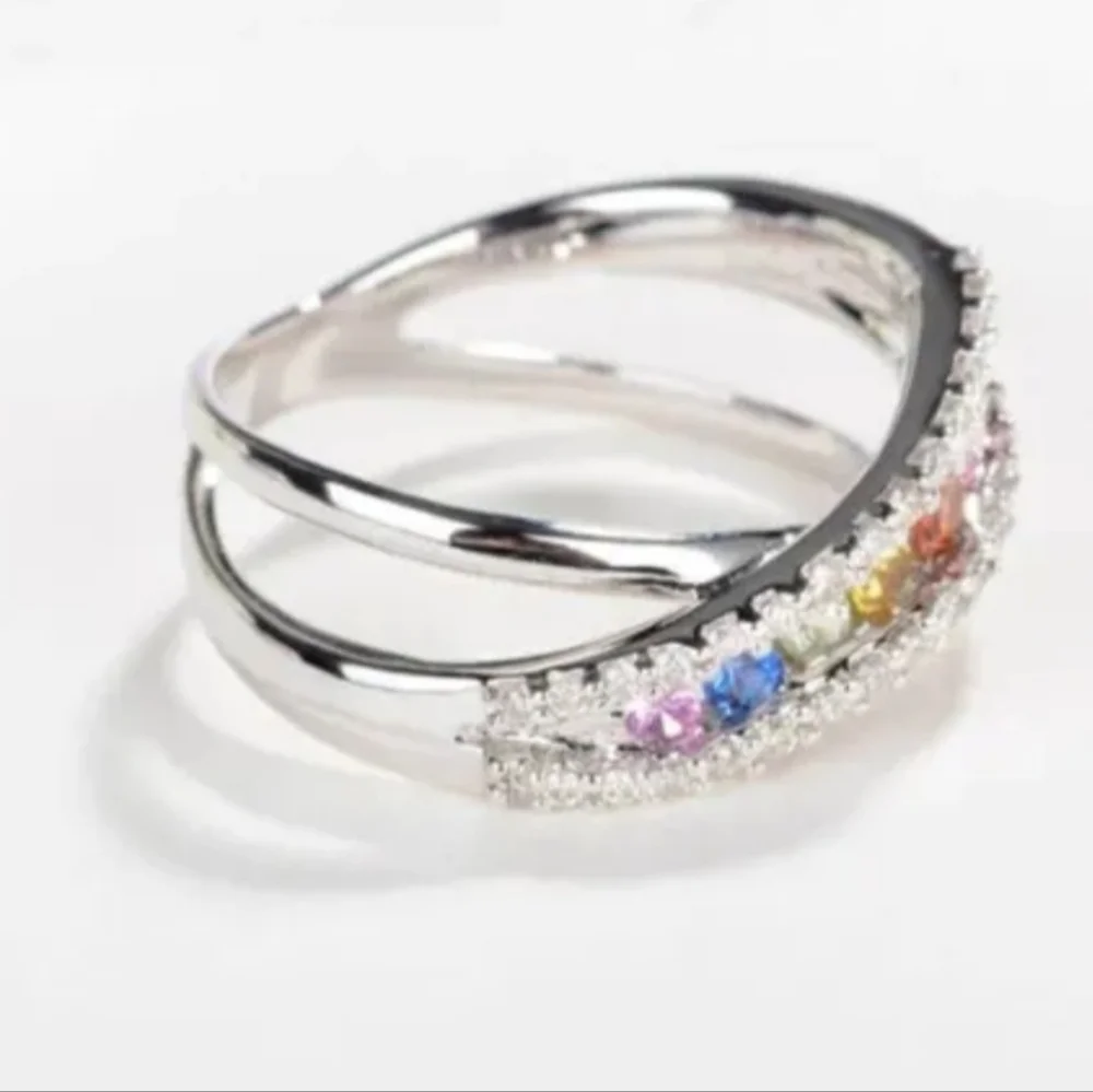 Elegant Multicolor Gemstone Silvery Ring Sz 7